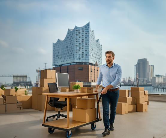 Mann transportiert Büromöbel und Kartons vor der Elbphilharmonie in Hamburg – Symbolbild für Büroauflösung und Firmenumzug