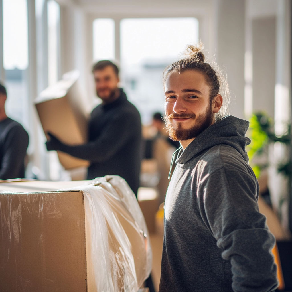 Junger Mitarbeiter eines Entrümpelungsteams lächelt während einer Büroauflösung – Symbolbild für Büro- und Haushaltsauflösungen in Hamburg