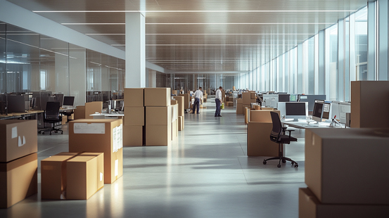 Großraumbüro mit Umzugskartons und Mitarbeitern – Symbolbild für Büroauflösung und Büroräumung