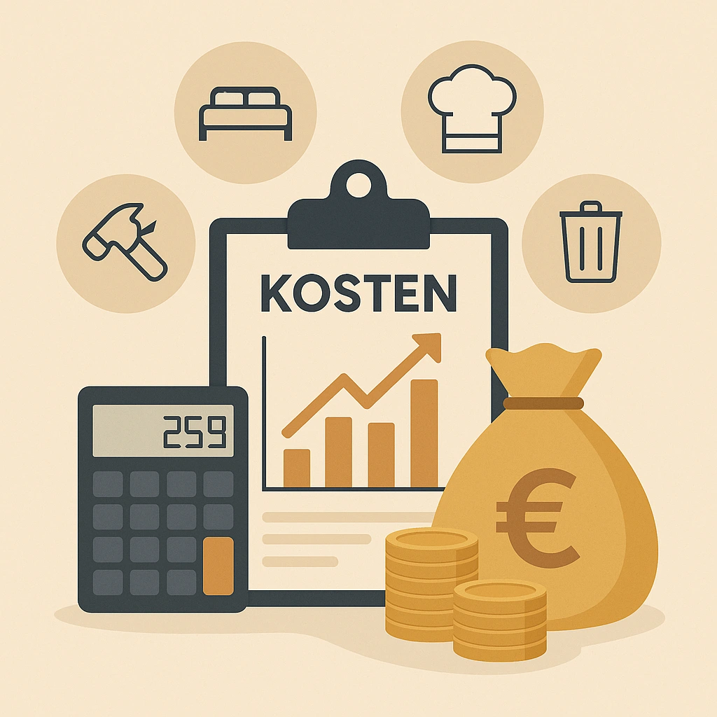 Infografik zu den Kosten einer Hotelauflösung mit Klemmbrett, Taschenrechner, Geldsack und Symbolen für Möbel, Küche und Entsorgung