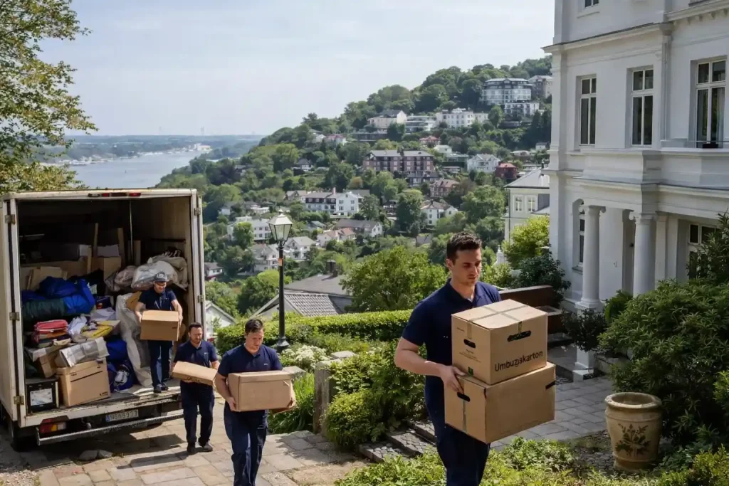 Haushaltsauflösung in Blankenese mit Umzugshelfern vor Villa am Elbhang in Hamburg