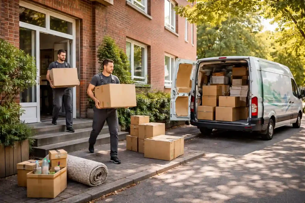 Haushaltsauflösung in Hamburg Wandsbek mit Mitarbeitern beim Abtransport von Umzugskartons