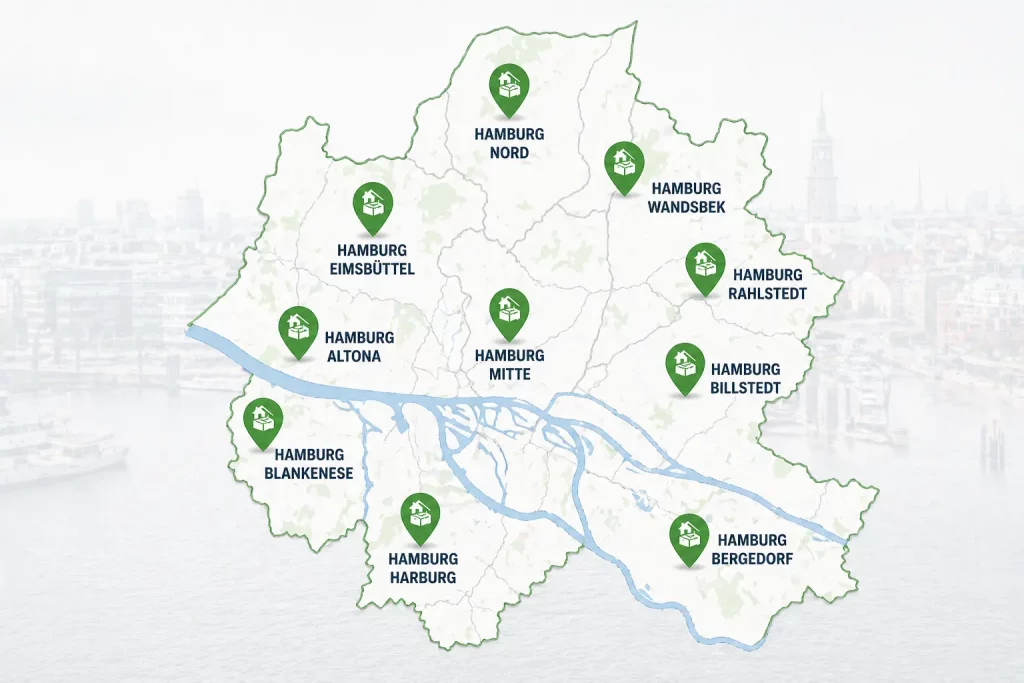 Karte der Einsatzgebiete für Wohnungsauflösung in Hamburg von Wandsbek bis Harburg