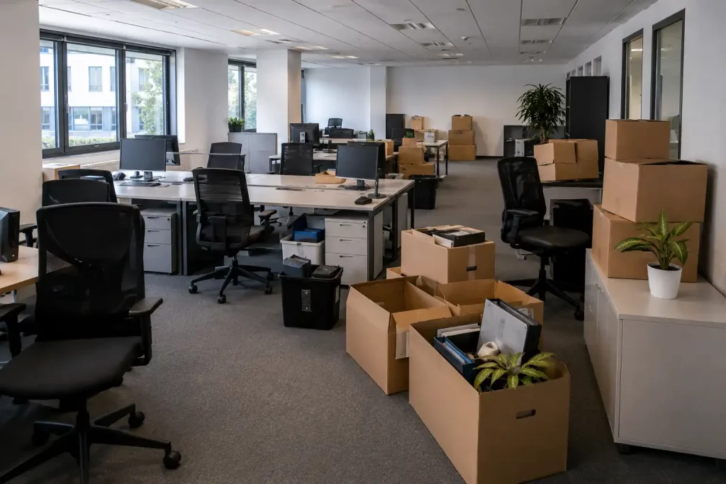 Moderne Büroauflösung in Hamburg mit Umzugskartons, Büromöbeln und vorbereiteter Büroräumung