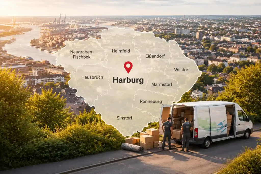 Haushaltsauflösung Harburg Einsatzgebiet in Hamburg mit Karte der Stadtteile Heimfeld, Wilstorf, Eißendorf und Neugraben-Fischbek