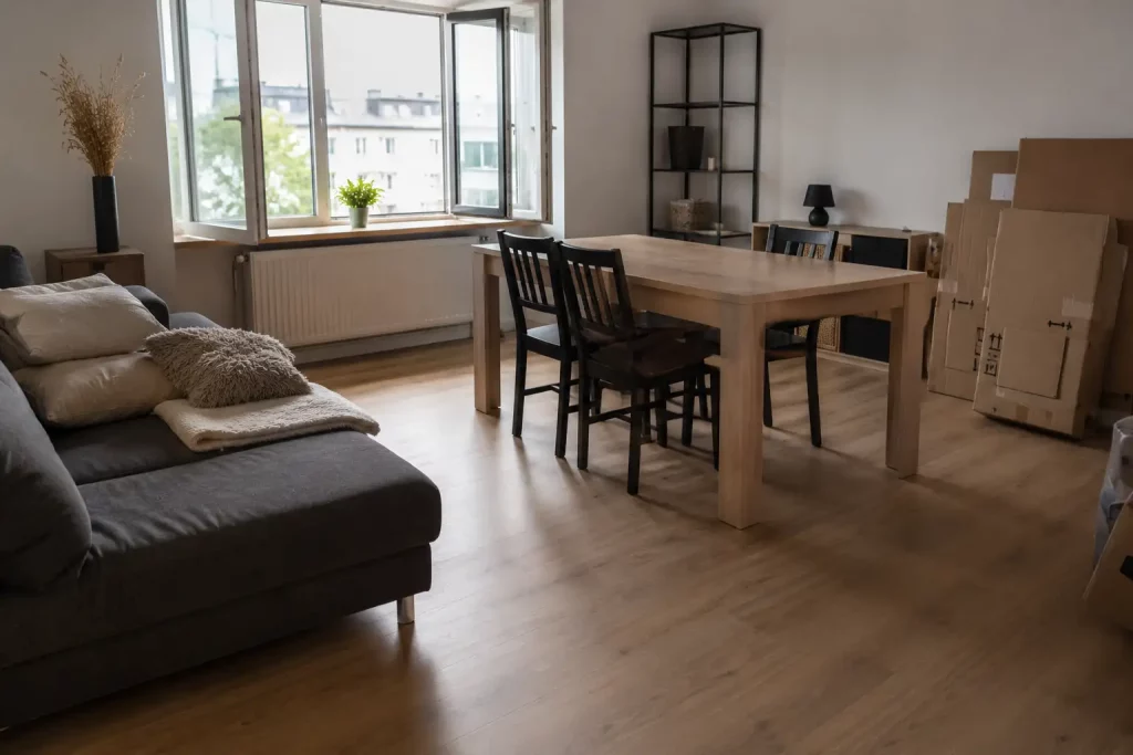 Modernes Wohnzimmer mit Tisch und Stühlen vor einer Haushaltsauflösung in Hamburg Harburg
