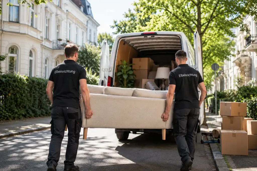 Mitarbeiter von Elbeinrichtung tragen Möbel bei einer Haushaltsauflösung in Hamburg Harburg