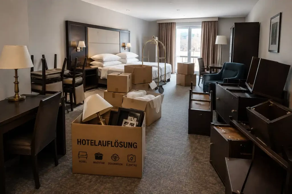 Hotelauflösung in Hamburg mit Hotelmöbeln, Kartons und vorbereiteter Räumung