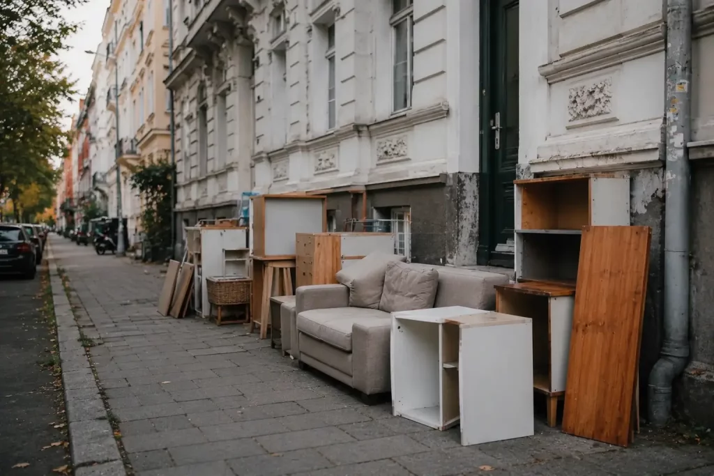 Sperrmüll und alte Möbel vor einem Wohnhaus in Hamburg zur Abholung