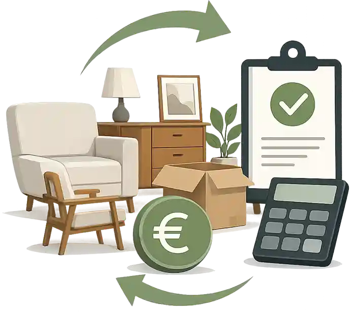 Illustration zur Wertanrechnung bei einer Haushaltsauflösung mit Möbeln, Euro-Symbol und Bewertung
