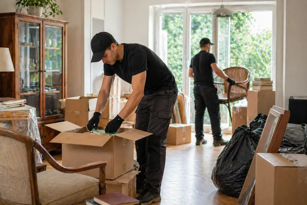 Professionelles Team bei der Räumung einer Wohnung nach Todesfall in Hamburg mit Entrümpelung, Verpackung und Möbelabtransport