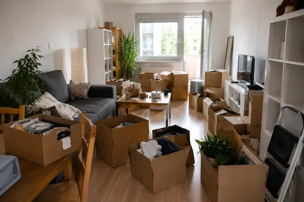 Wohnungsauflösung in Hamburg mit Kartons, Möbeln und vorbereiteter Wohnungsräumung