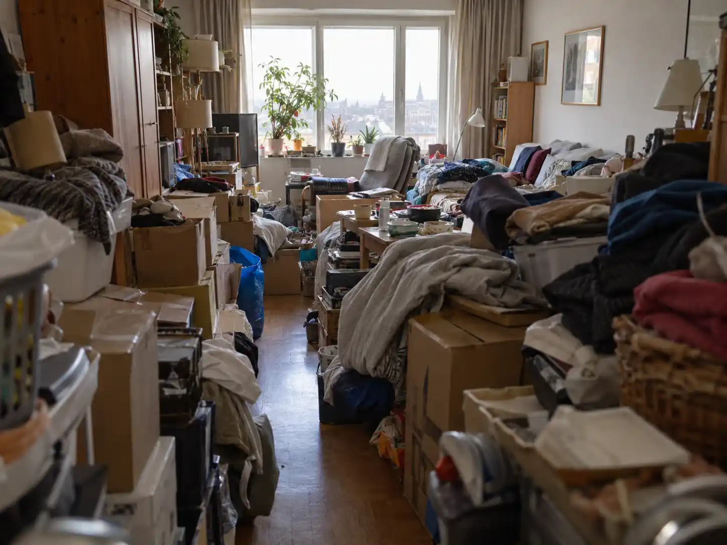 Überfülltes Wohnzimmer mit Kartons, Möbeln und Kleidung – Beispiel einer Messie-Wohnung